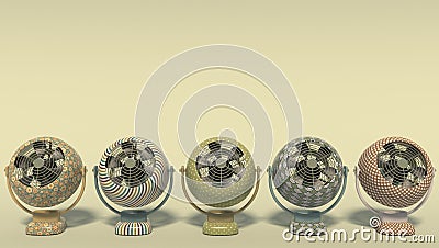 Five colorful vintage retro fans with a pattern stand in a row. Isolated fans on a yellow-green background with space for text. 3 Stock Photo