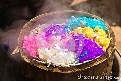 Five-coloured rice in bamboo steamer Stock Photo