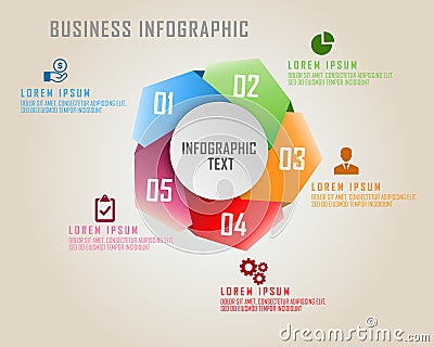 Five cornered with five colors business infographics on pentagon style Vector Illustration