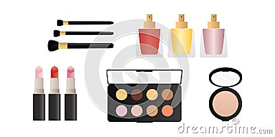 Five cosmetics flat object set. Perfect look and beauty. powder, cream, makeup tools, lipstick, brush, foundation, mascara, face Vector Illustration