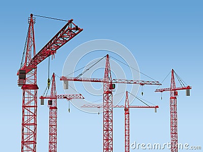 Five Cranes on Site Cartoon Illustration