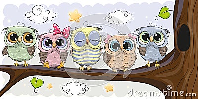 Cute Owls is sitting on a brunch Vector Illustration