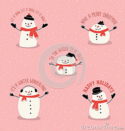 Five cute snowmen with holiday greetings in simple flat style Vector Illustration