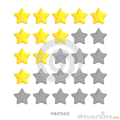 Five 3D vector stars, yellow and grey colors. Customer rating feedback concept. Realistic 3d cartoon ctyle. For web Vector Illustration