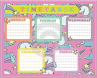 Five-day timetable on a multi-colored background with Unicorns, Vector Illustration