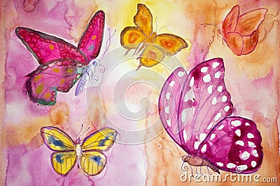 Five different butterflies in a phantasy world. Stock Photo