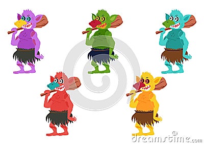 Five different colored Goblins. Set of goblin or troll with hunting tool isolated on white background. Vector illustration of Five Vector Illustration