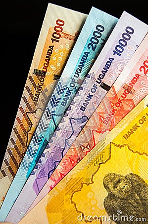 Five different Ugandan bank notes Stock Photo