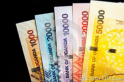 Five different Ugandan bank notes Stock Photo