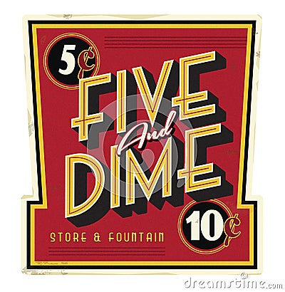 Five and Dime General Store Main Street Vintage Sign Stock Photo