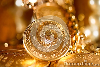 Five Dollars gold coins Stock Photo