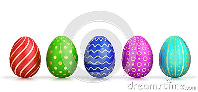 Five easter eggs with different colors and gold pattern Stock Photo