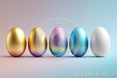 Five Easter Eggs on a gradient background. Four colored Easter Eggs with gold and a white one in a row. Stock Photo