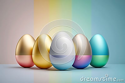 Five Easter Eggs on a rainbow background. Illustration of Easter Eggs decorated in gold and painted in bright colors. Stock Photo