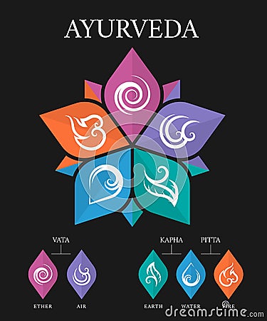 The Five elements of Ayurveda flower chart with ether, water, air, fire and earth abstract line icon sign in petals shape vector Vector Illustration