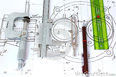 Five engineering tools on blueprint Stock Photo