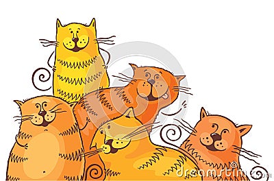 Five Fat Cartoon Cats Vector Illustration