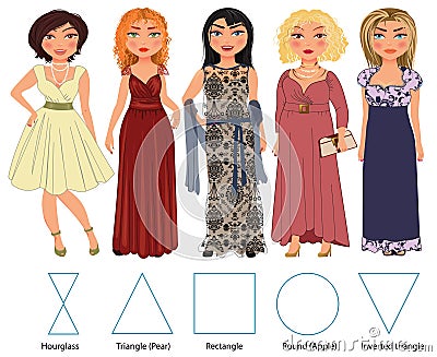 Five Figures in evening dresses Vector Illustration