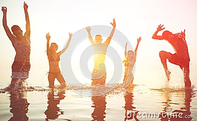Five friends making party at sunrise Stock Photo