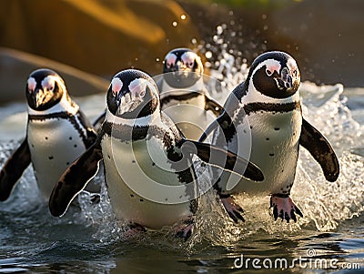 Five funny African Penguins in black and white waddling towards water Cartoon Illustration