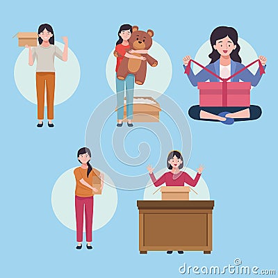 five girls unboxing Vector Illustration