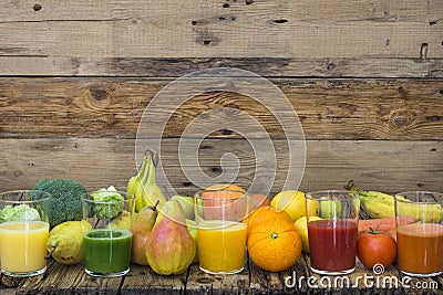 Five glasses with fruit and vegetable smoothies Stock Photo