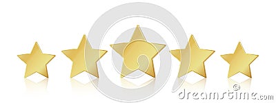 Five gold stars. 5 star rating realistic leadership symbol. Glossy yellow metallic winner champion rating. Vector Vector Illustration