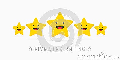 Five golden rating star wiyh cute smile face. Vector illustration in white Vector Illustration