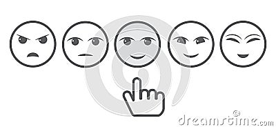 Five Gray Faces Feedback/Mood and hand. Iconic illustration of satisfaction level. Range to assess the emotions of your content. Vector Illustration