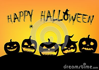 Five halloween pumpkins silhouettes on the yellow background Vector Illustration