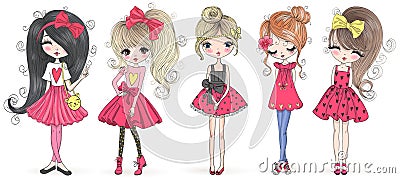 Five hand drawn beautiful cute cartoon amazing fashion girls. Vector Illustration