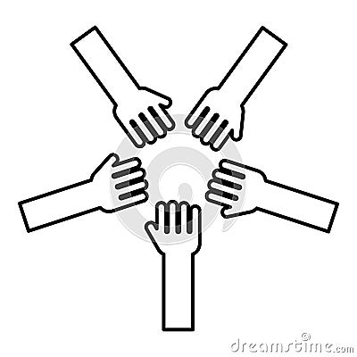 Five hands Group arms Many hands connecting Open palms People putting their hands together Stack hands concept unity icon outline Vector Illustration
