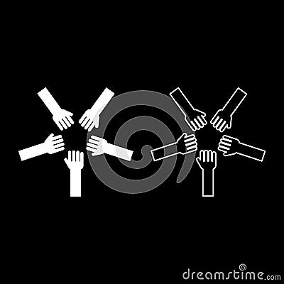 Five hands Group arms Many hands connecting Open palms People putting their hands together Stack hands concept unity icon outline Vector Illustration