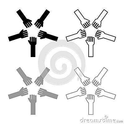 Five hands Group arms Many hands connecting Open palms People putting their hands together Stack hands concept unity icon outline Vector Illustration