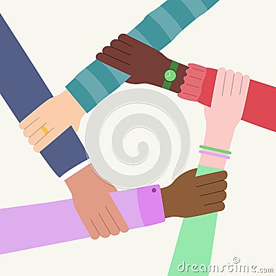 Five hands holding in circle Cartoon Illustration