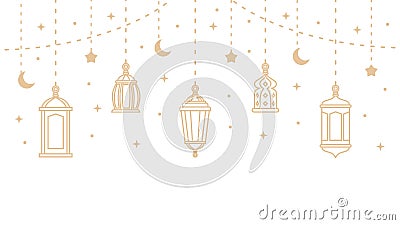Five hanging ramadan lanterns and islamic ornaments isolated on white background Vector Illustration