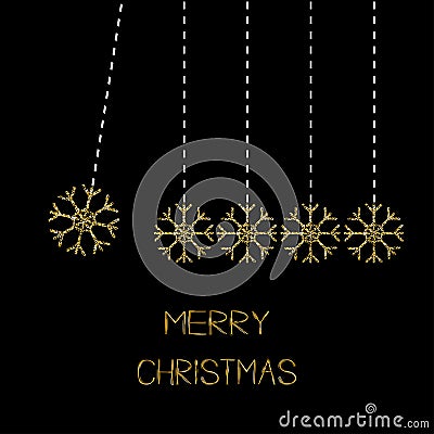 Five hanging snowflakes. Dash line. Gold glitter. Perpetual motion. Merry Christmas. Black background. Vector Illustration