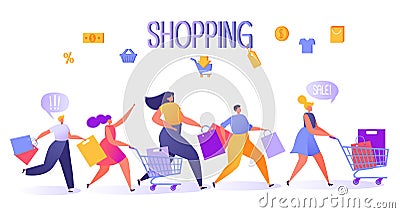 Five happy, flat people characters running with shopping bags and trucks Vector Illustration