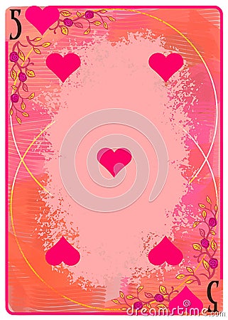 Five of Hearts playing card. Unique hand drawn pocker card. One of 52 cards in french card deck, English or Anglo-American pattern Cartoon Illustration