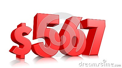 567$ Five hundred sixty-seven price symbol. red text number 3d render with dollar sign on white background Stock Photo