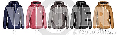 Five jackets with word Winter Stock Photo