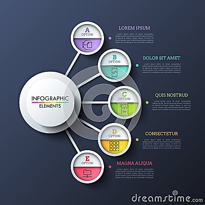 Five lettered circles connected with central round element by lines. Concept of 5 features, qualities or options to Vector Illustration