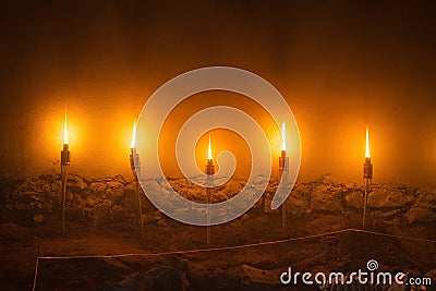 Five light fire torches, stone wall illustration of ancient medieval castle night Cartoon Illustration