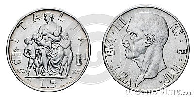 Five 5 Lire Silver Coin 1937 Fecondita fertility Vittorio Emanuele III Kingdom of Italy Stock Photo