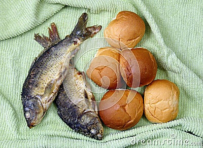 Five loaves, and the two fishes. Stock Photo