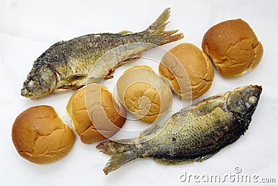 Five loaves, and the two fishes Stock Photo