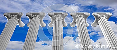 Five marble pillars of islam or justice and steps on blue sky background. 3d illustration Cartoon Illustration