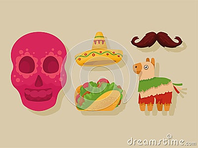 five mexican culture icons Vector Illustration
