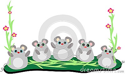 Five Mice in a Row with Stalks of Flowers Vector Illustration