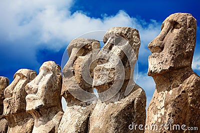 Five moais in bright sunshine in Easter Island Stock Photo